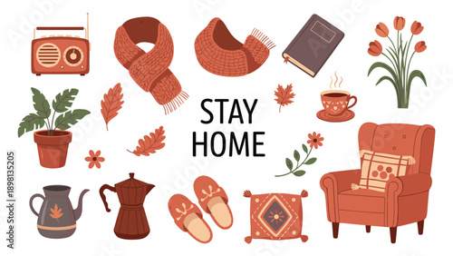 Stay Home themed collection of cozy autumn items including an armchair mug of tea books scarf and various house plants.