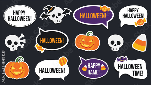 Collection of various Halloween stickers and speech bubbles with pumpkins skulls ghosts and festive holiday messages area.