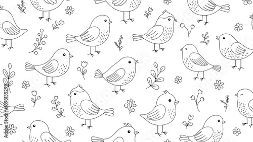 Black and white line art seamless pattern featuring cute little birds flowers and berry branches on white background decor.