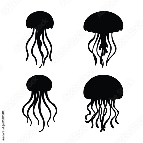 A collection of four elegant black jellyfish silhouettes against a clean white background