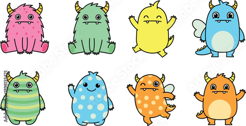 Cute Cartoon Monster Characters Set with Colorful Horned Fantasy Creatures in Different Poses for Kids Illustration Vector Collection