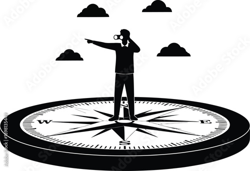 Businessman standing on compass with binoculars looking ahead