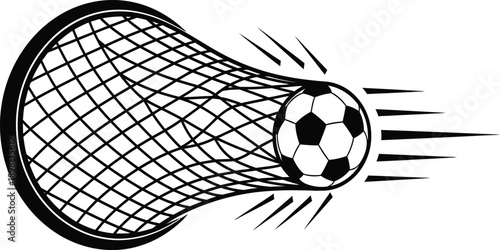 Dynamic soccer ball flying into lacrosse net with motion lines
