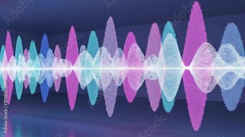 Abstract visualization of sound waves in a dark room, glowing with vibrant colors.