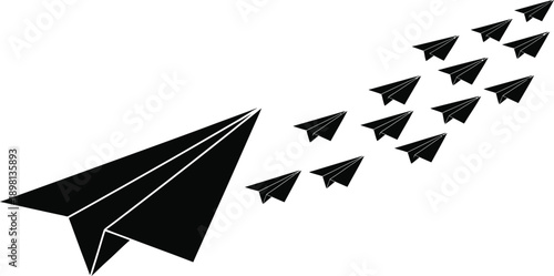 Leader paper airplane leads flock in dynamic motion