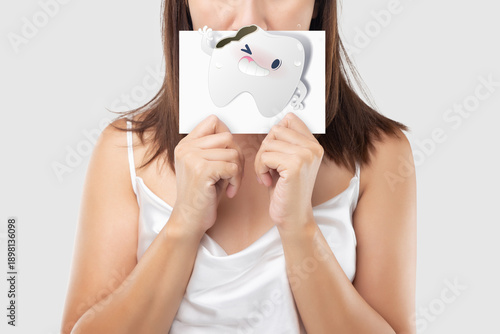 Tooth Decay and Pain Concept with Woman Holding Broken Tooth Cartoon