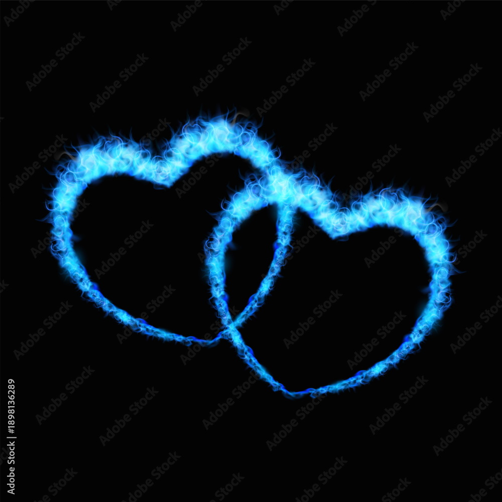 Naklejka premium Blue fire burning two heart shapes on black background, flaming love symbol, realistic fiery rings with tongues of flame