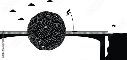 Person struggling with massive tangled thread on bridge