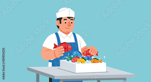 A cheerful fishmonger in a white hat and blue apron arranging fresh fish in a market stall