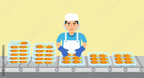 Food industry worker handling fish on a processing line with trays and conveyor belt