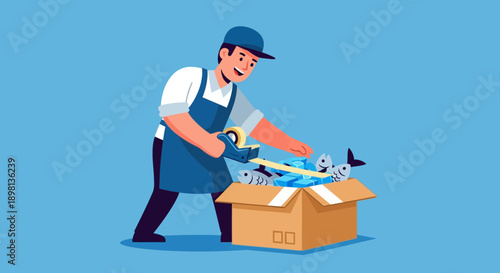 A smiling worker in an apron seals a cardboard box filled with fish and ice for shipping