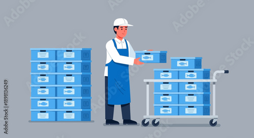 Worker carrying a blue box with a fish icon on a cart in a seafood storage facility