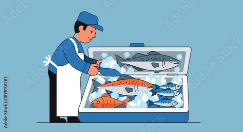 Fishmonger preparing fresh seafood in an ice-filled cooler at a market