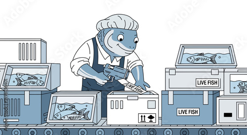 Anthropomorphic Fish Worker Labels Live Fish Boxes on a Conveyor Belt in a Processing Facility