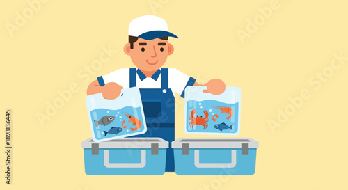 Fisherman Delivering Live Aquatic Animals in Water Bags to Containers