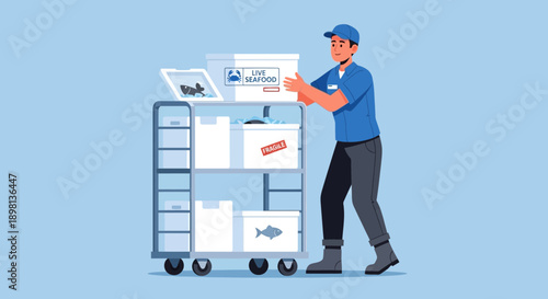 Delivery worker pushing a cart loaded with live seafood and fragile packages