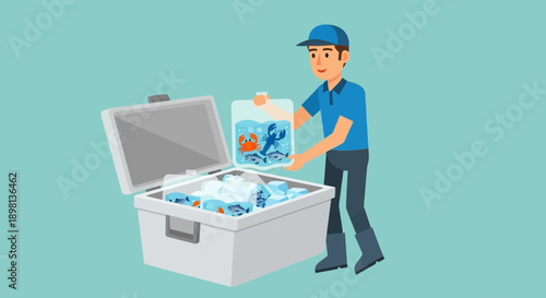 Delivery worker holding a bag of seafood with crab, lobster, and fish, placing it into an open cooler filled with ice