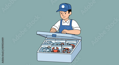 Seafood merchant with fresh catch displayed in portable cooler for sale