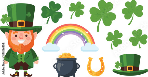 St Patrick Day Set with Leprechaun Shamrocks Rainbow Pot of Gold Horseshoe and Green Hat Irish Holiday Vector Illustration