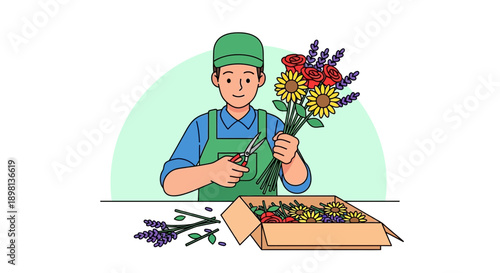 A cheerful florist arranging a vibrant bouquet of sunflowers, roses, and lavender with scissors in a workshop.