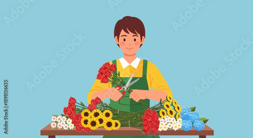 Skilled florist arranging a beautiful bouquet of roses and sunflowers with scissors