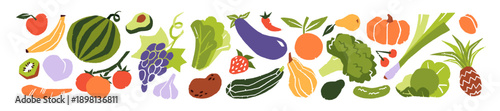 Doodle set of different fresh tropical fruits and natural vegetables. Healthy farm food, organic autumn harvest. Various agricultural crops. Flat isolated hand drawn vector illustrations on white