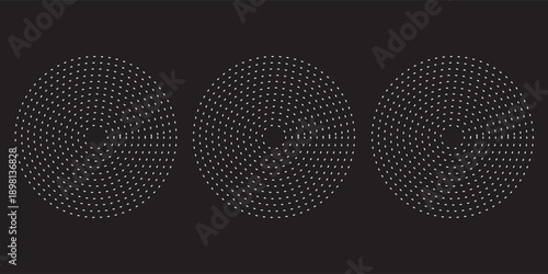 Black concentric circle set. Sonar or sound wave ring collection. Dotted and linear epicentre, target, radar icon concept. Ripple radial signal or vibration elements. Vector line and halftone symbols