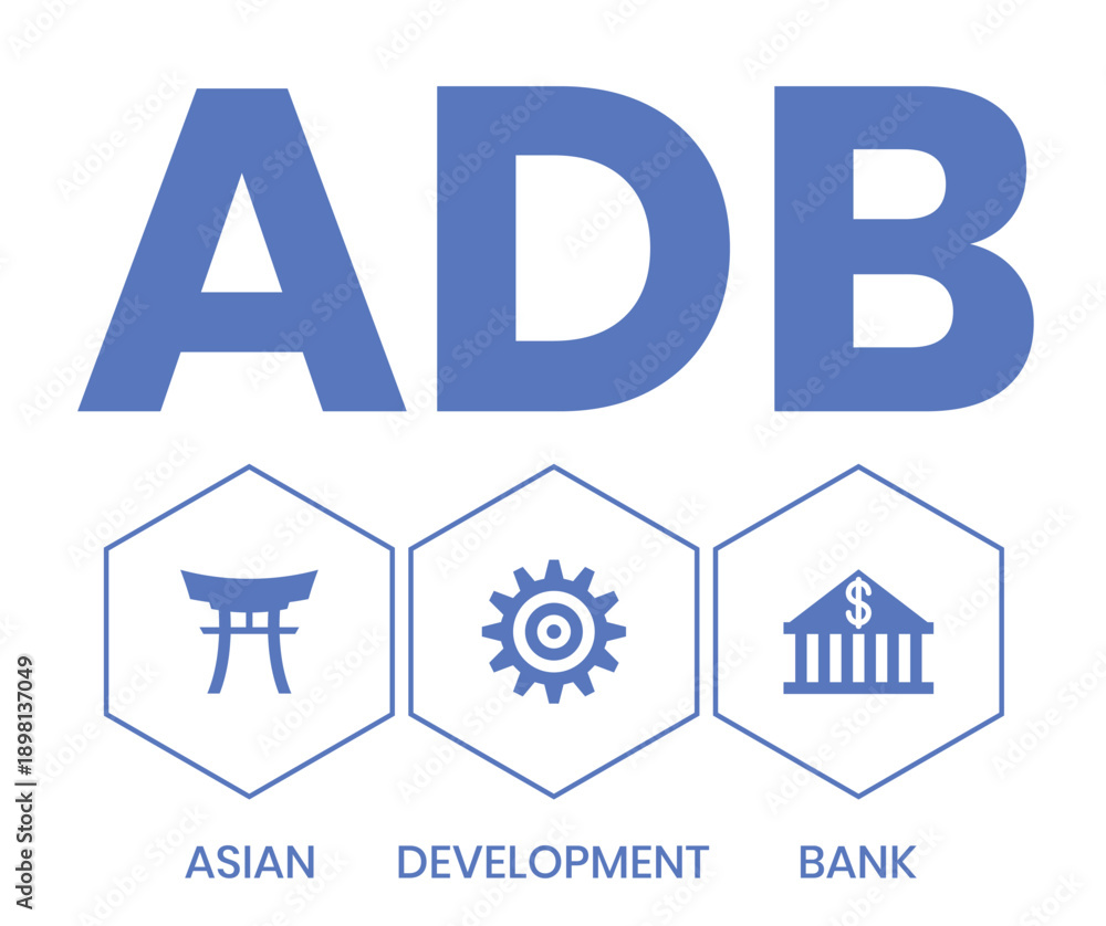 Obraz premium ADB - Asian Development Bank acronym. business concept background. vector illustration concept with keywords and icons. lettering illustration with icons for web banner, flyer, landing page
