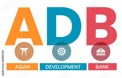 ADB - Asian Development Bank acronym. business concept background. vector illustration concept with keywords and icons. lettering illustration with icons for web banner, flyer, landing page