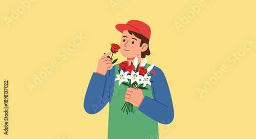 Joyful florist wearing a red cap and green apron smelling a red rose while holding a colorful bouquet.