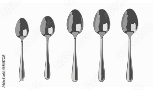 Realistic metal spoon vector set with shiny silver kitchen cutlery