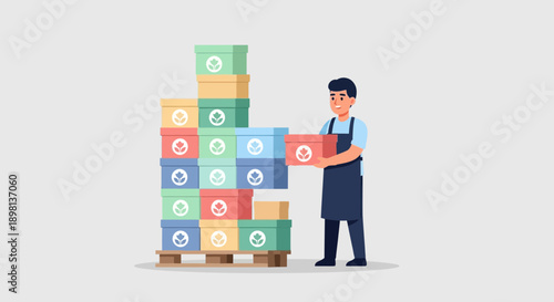 Friendly warehouse worker stacking colorful boxes on a pallet for storage and delivery