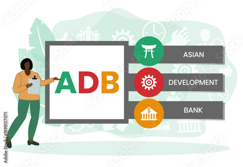 ADB - Asian Development Bank acronym. business concept background. vector illustration concept with keywords and icons. lettering illustration with icons for web banner, flyer, landing page