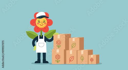 Smiling flower character with delivery boxes indicating organic shipping and eco-friendly logistics services