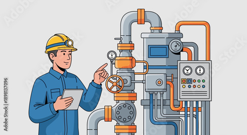 Engineer inspecting complex industrial machinery and control panel with a tablet in a factory setting