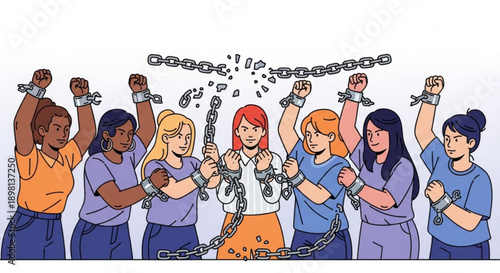 Diverse Women Breaking Free from Chains, Symbolizing Female Empowerment and Freedom