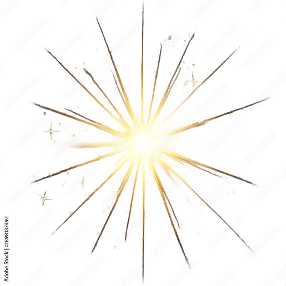 Fototapeta premium Golden burst of light with sparkling particles, representing a bright idea, celebration, or a magical effect.