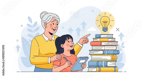 Elderly Woman Teaching Young Girl with Books and Lightbulb Idea