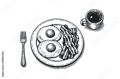 Breakfast eggs and bacon on plates with a mug of coffee vector illustration.american breakfast vector drawing