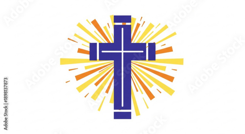 Christian Cross Symbol with Yellow and Orange Rays on White Background