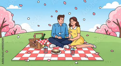 Couple Having Picnic on Red and White Checkered Blanket under Cherry Blossom Trees