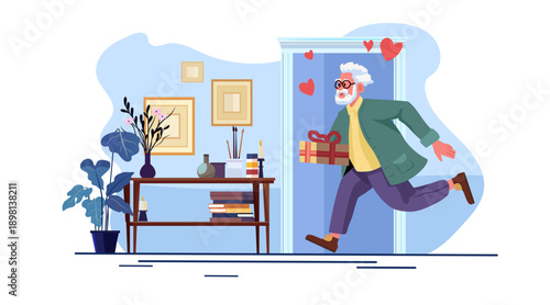 Active senior man Valentine Day celebration concept elderly man with gift running indoors modern cozy home hearts decor
