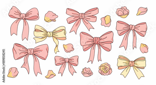 Charming Set of Hand-Drawn Bows and Rose Petals in Gentle Pink and Yellow Hues, Ideal for Festive Decorations, Gift Wrapping, and Romantic Embellishments