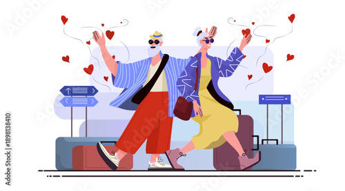 Senior couple traveling airport romance active aging holiday adventure cheerful elderly man woman holding hands walking luggage hearts modern flat design