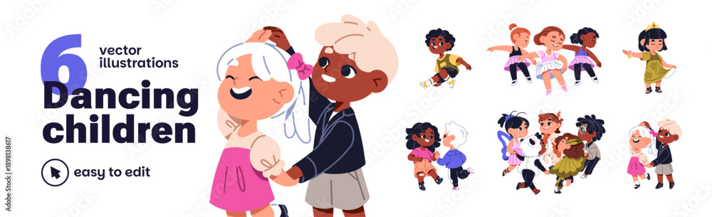 Fototapeta premium Children dance set. Child group of dancers performs ballet, breakdance together. Happy kids have fun with music. Cute little girls and boys at the disco. Flat isolated vector illustrations on white