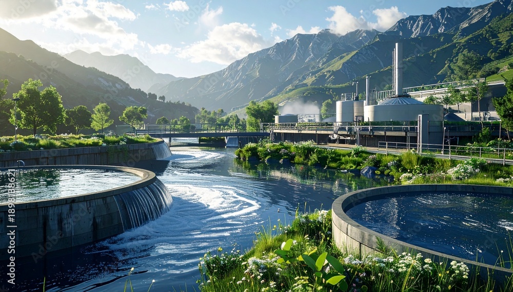 Obraz premium Scenic Water Treatment Plant Amidst Lush Greenery and Majestic Mountains.