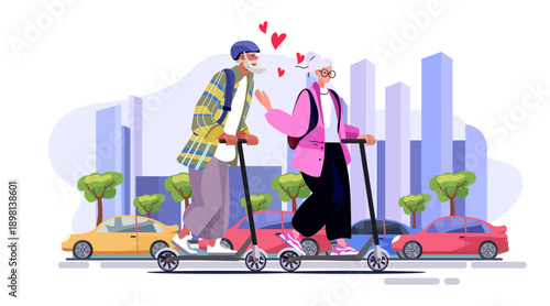Senior couple riding scooters city romance active aging elderly man woman smiling hearts urban background trees colorful cars modern flat