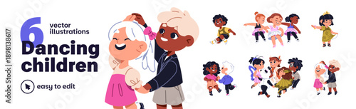 Children dance set. Child group of dancers performs ballet, breakdance together. Happy kids have fun with music. Cute little girls and boys at the disco. Flat isolated vector illustrations on white