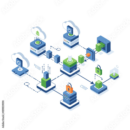 Isometric illustration of a complex network system with interconnected servers and databases.