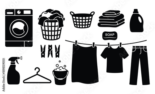 Set of laundry icons, washing machine, clothes hamper, soap, and clothesline symbols